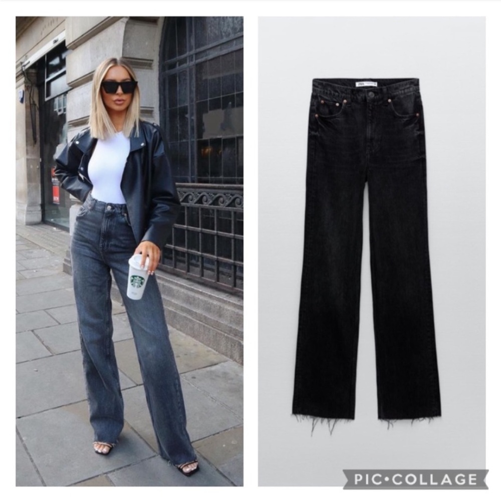 Zara Full Length 90s Blogger Straight Jean Black Raw Hem Size 2